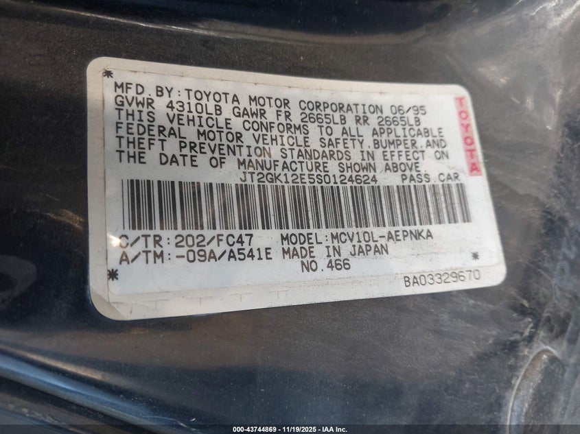 1995 Toyota Camry Le VIN: JT2GK12E5S0124624 Lot: 43744869