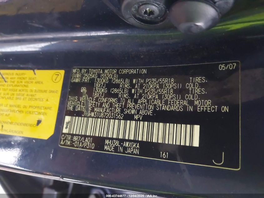 2007 Lexus Rx 400H VIN: JTJHW31U872031562 Lot: 43744877