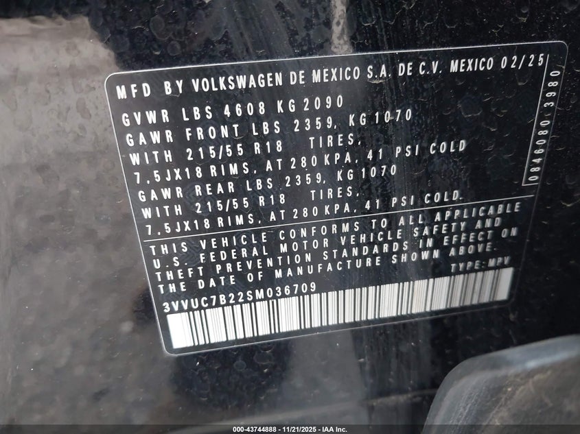 2025 Volkswagen Taos 1.5T Se VIN: 3VVUC7B22SM036709 Lot: 43744888