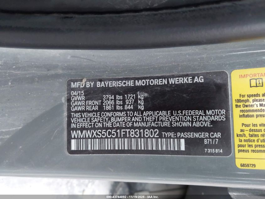 2015 Mini Hardtop Cooper VIN: WMWXS5C51FT831802 Lot: 43744892