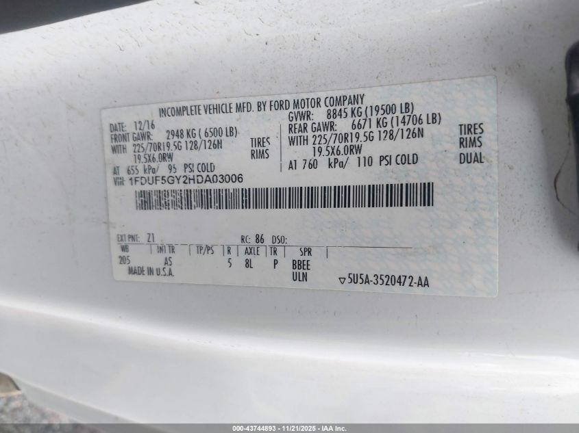 2017 Ford F-550 Chassis Xl VIN: 1FDUF5GY2HDA03006 Lot: 43744893