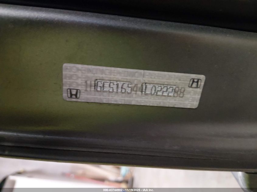 2004 Honda Civic Lx VIN: 1HGES16544L022288 Lot: 43744902