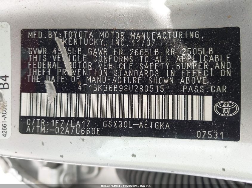 2008 Toyota Avalon Xls VIN: 4T1BK36B98U28051 Lot: 43744904