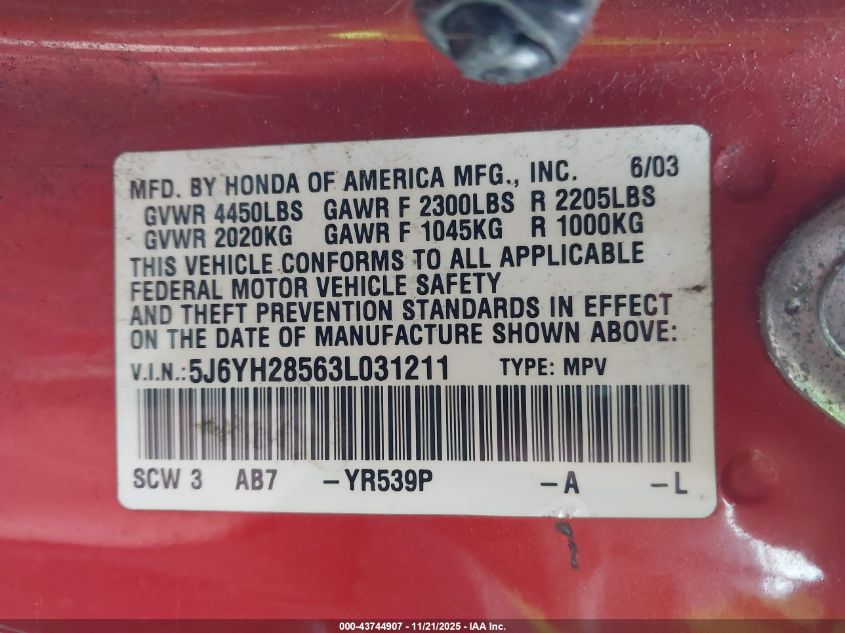 2003 Honda Element Ex VIN: 5J6YH28563L031211 Lot: 43744907