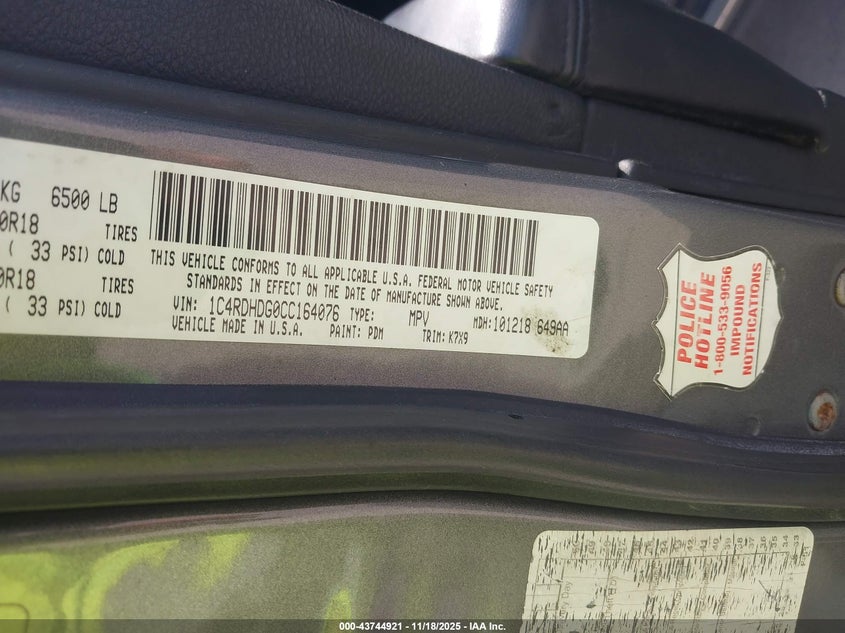 2012 Dodge Durango Crew VIN: 1C4RDHDG0CC164076 Lot: 43744921