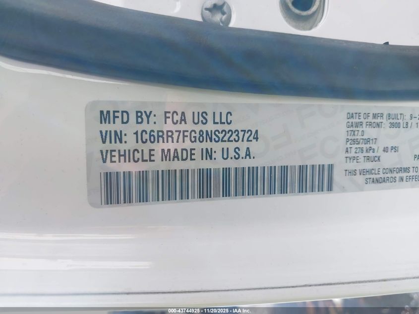 2022 Ram 1500 Classic Tradesman 4X4 6'4 Box VIN: 1C6RR7FG8NS223724 Lot: 43744925