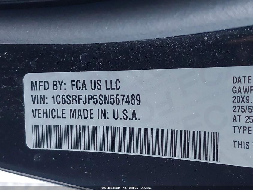 2025 Ram 1500 Laramie 4X4 5'7 Box VIN: 1C6SRFJP5SN567489 Lot: 43744931