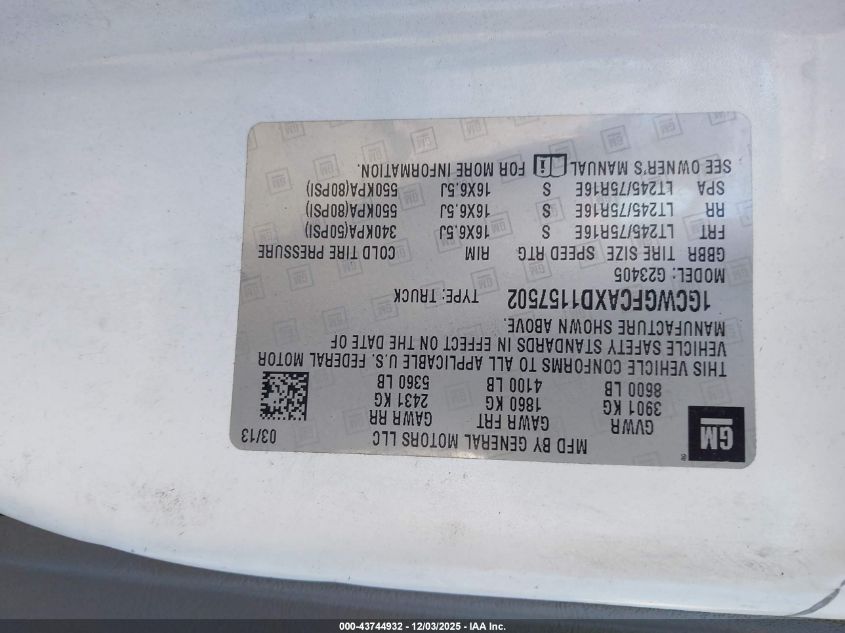 2013 Chevrolet Express 2500 Work Van VIN: 1GCWGFCAXD1157502 Lot: 43744932