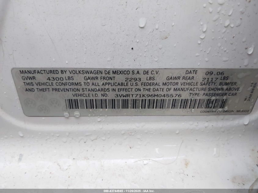 2006 Volkswagen Jetta Tdi VIN: 3VWRT71K96M045576 Lot: 43744945