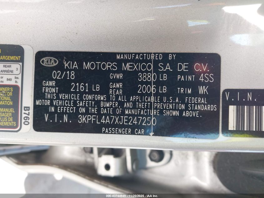2018 Kia Forte Lx VIN: 3KPFL4A7XJE247250 Lot: 43744949