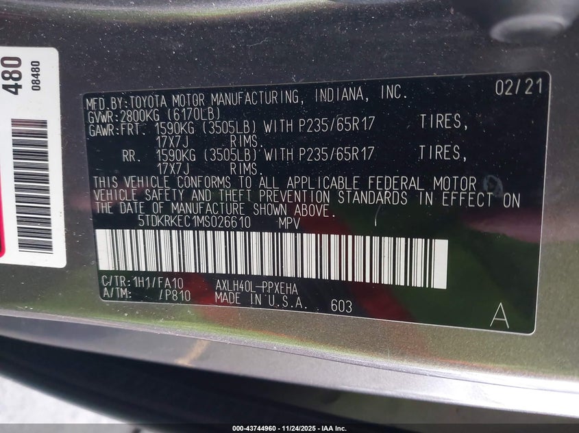 2021 Toyota Sienna Le VIN: 5TDKRKEC1MS026610 Lot: 43744960