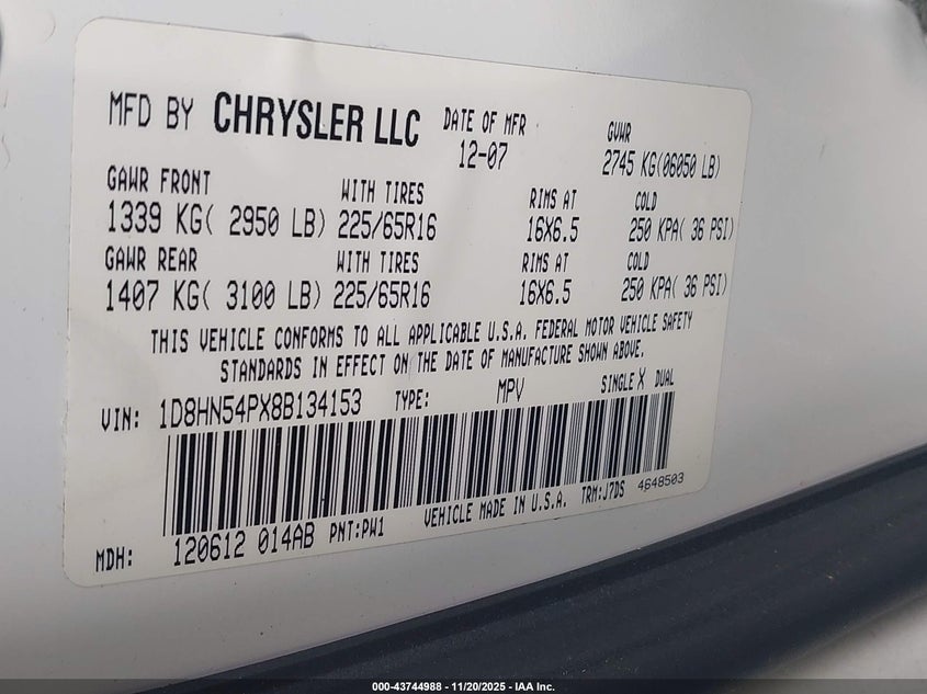 2008 Dodge Grand Caravan Sxt VIN: 1D8HN54PX8B134153 Lot: 43744988