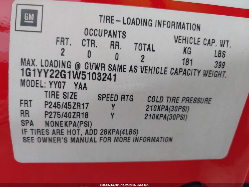 1998 Chevrolet Corvette VIN: 1G1YY22G1W5103241 Lot: 43744992