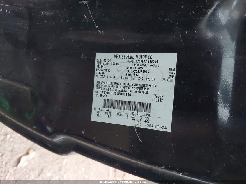 2004 Ford Ranger Edge/Xl/Xlt VIN: 1FTYR10U34PB39120 Lot: 43744999