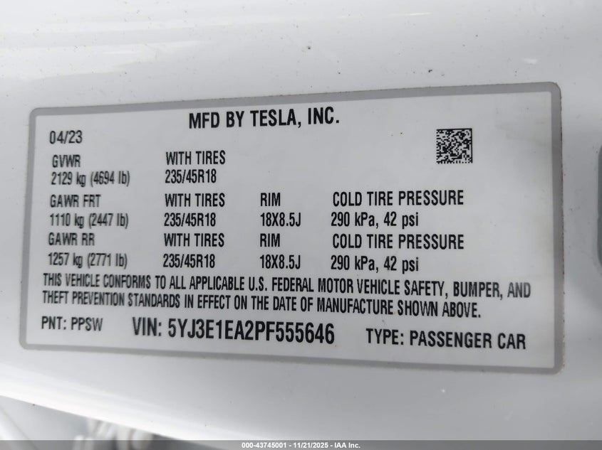 2023 Tesla Model 3 Rear-Wheel Drive VIN: 5YJ3E1EA2PF555646 Lot: 43745001
