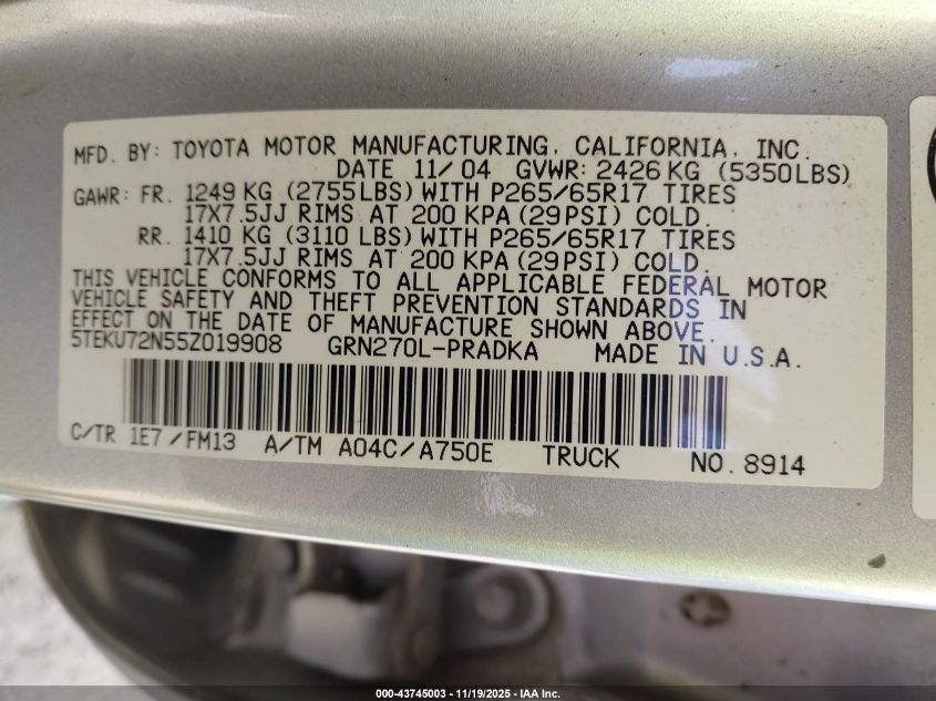 2005 Toyota Tacoma Prerunner V6 VIN: 5TEKU72N55Z019908 Lot: 43745003