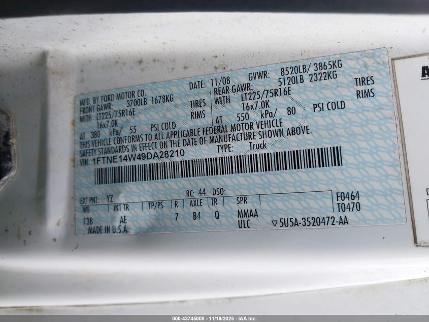 2009 Ford E-150 Commercial/Recreational VIN: 1FTNE14W49DA28210 Lot: 43745008