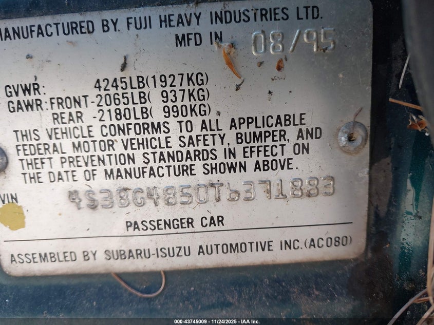 1996 Subaru Legacy Outback VIN: 4S3BG4850T6371883 Lot: 43745009