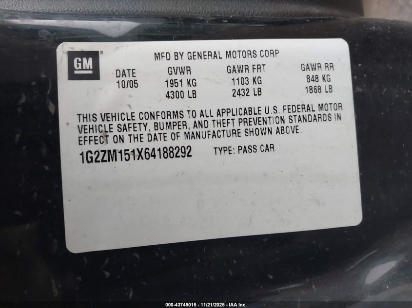 2006 Pontiac G6 Gtp VIN: 1G2ZM151X64188292 Lot: 43745015