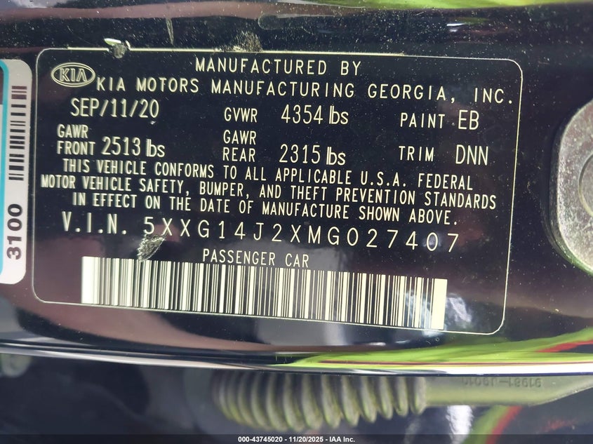 2021 Kia K5 Lxs VIN: 5XXG14J2XMG027407 Lot: 43745020