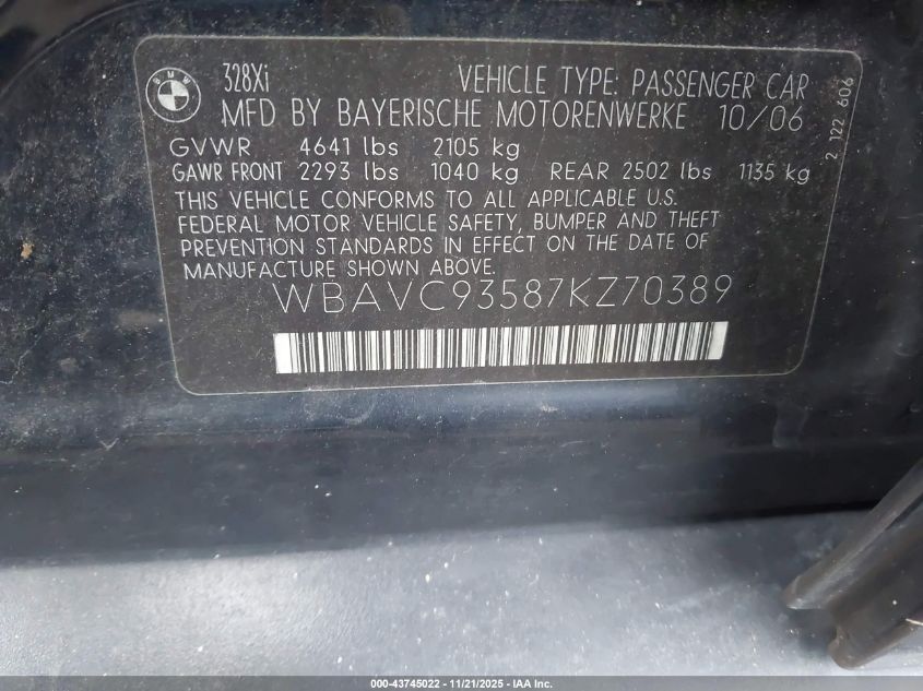 2007 BMW 328Xi VIN: WBAVC93587KZ70389 Lot: 43745022