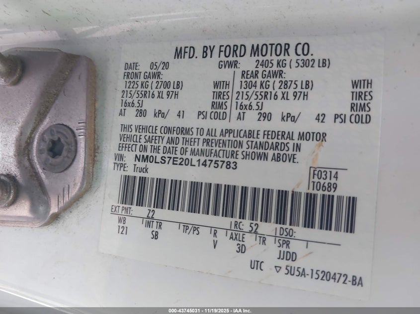 2020 Ford Transit Connect Xl VIN: NM0LS7E20L1475783 Lot: 43745031