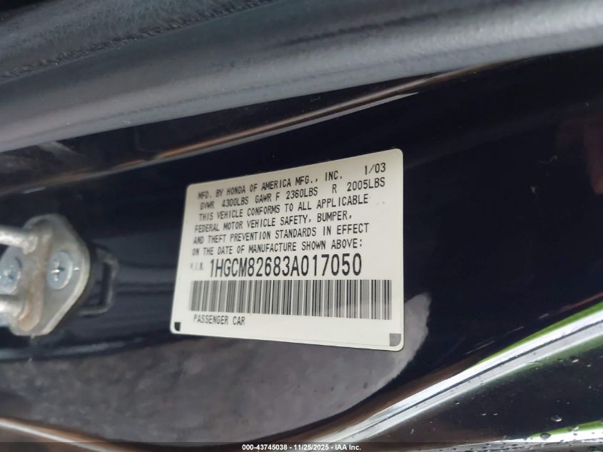 2003 Honda Accord 3.0 Ex VIN: 1HGCM82683A017050 Lot: 43745038