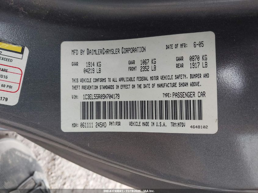 2005 Chrysler Sebring Touring VIN: 1C3EL55R05N704179 Lot: 43745041