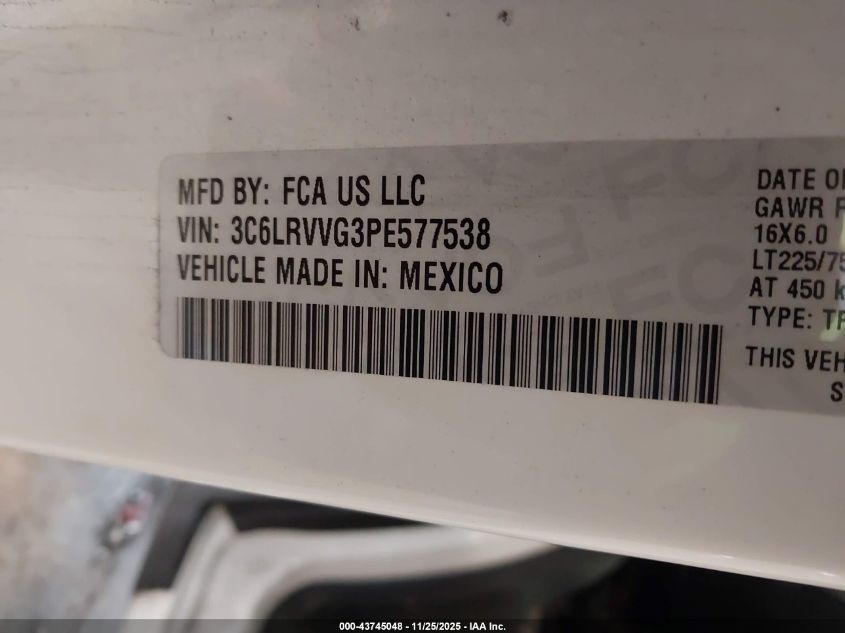 2023 Ram Promaster 2500 Low Roof 136 Wb VIN: 3C6LRVVG3PE577538 Lot: 43745048