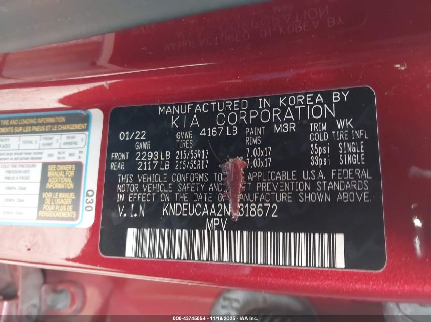 2022 Kia Seltos S VIN: KNDEUCAA2N7318672 Lot: 43745054