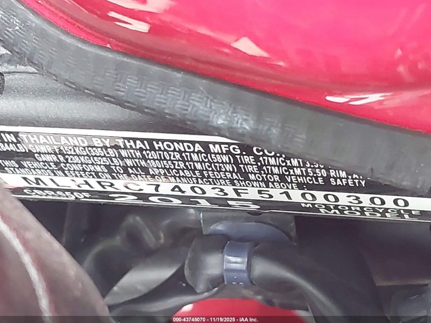 2015 Honda Cbr650 F VIN: MLHRC7403F5100300 Lot: 43745070