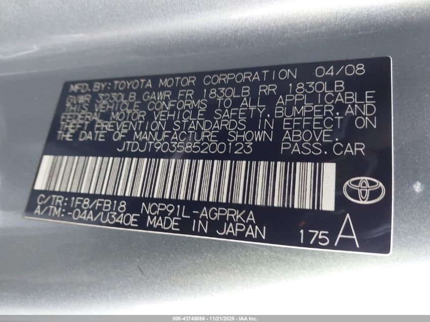 2008 Toyota Yaris VIN: JTDJT903585200123 Lot: 43745086