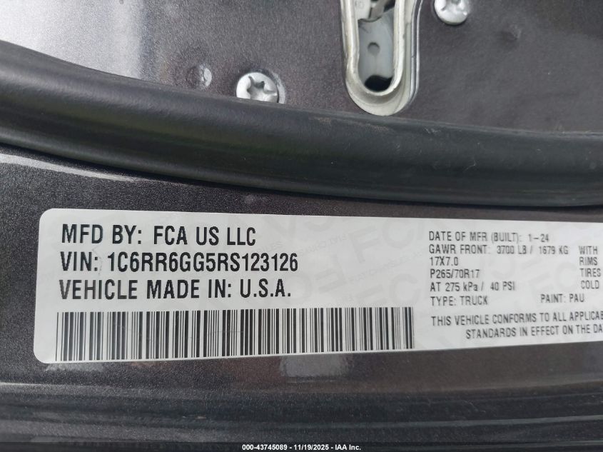 2024 Ram 1500 Classic Slt 4X2 6'4 Box VIN: 1C6RR6GG5RS123126 Lot: 43745089