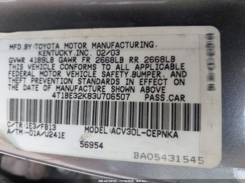 2003 Toyota Camry Le VIN: 4T1BE32K83U706507 Lot: 43745103