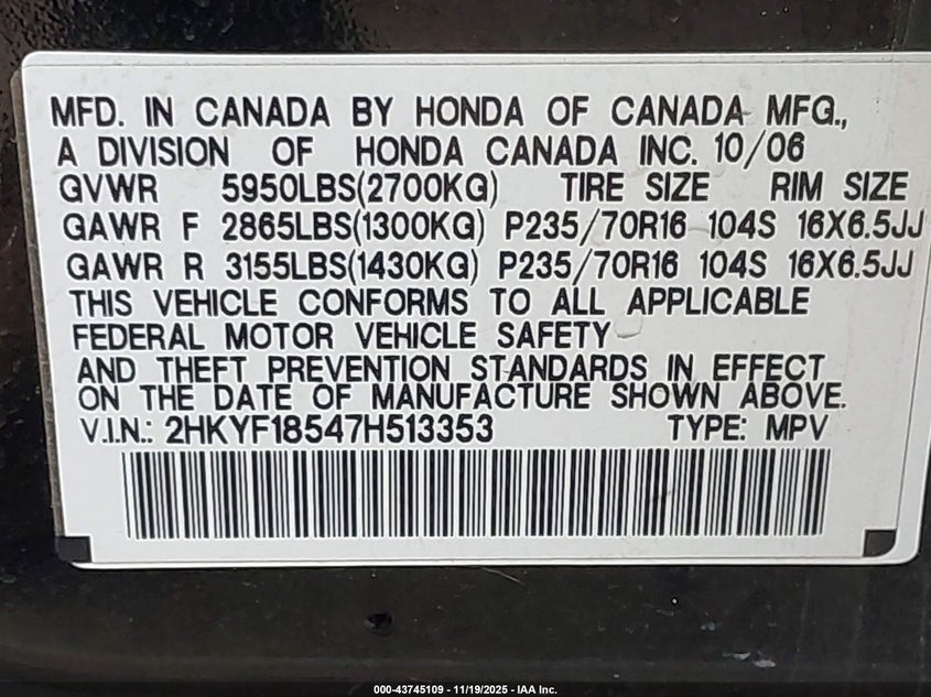 2007 Honda Pilot Ex-L VIN: 2HKYF18547H513353 Lot: 43745109