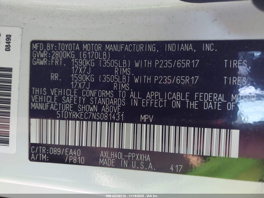 2022 Toyota Sienna Xle VIN: 5TDYRKEC7NS081431 Lot: 43745110