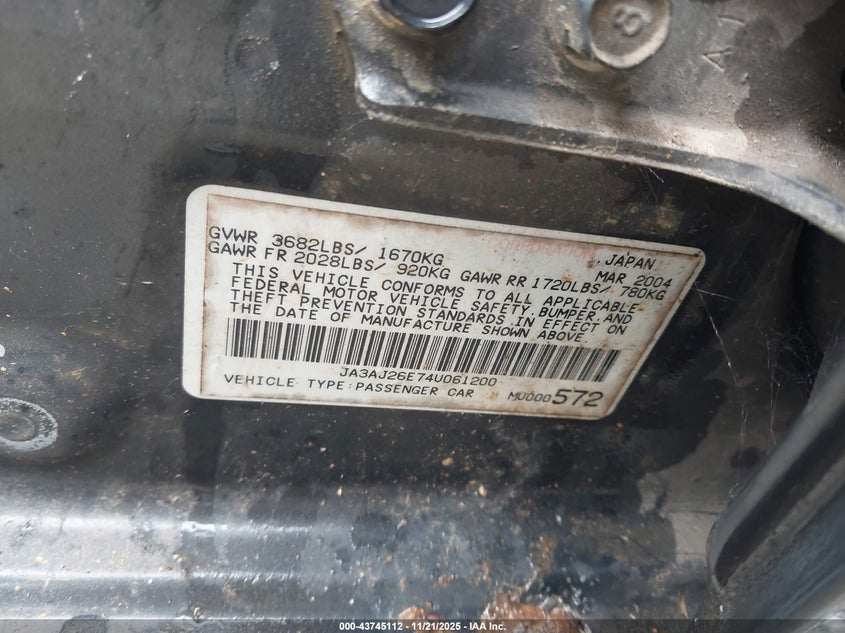 2004 Mitsubishi Lancer Es VIN: JA3AJ26E74U061200 Lot: 43745112