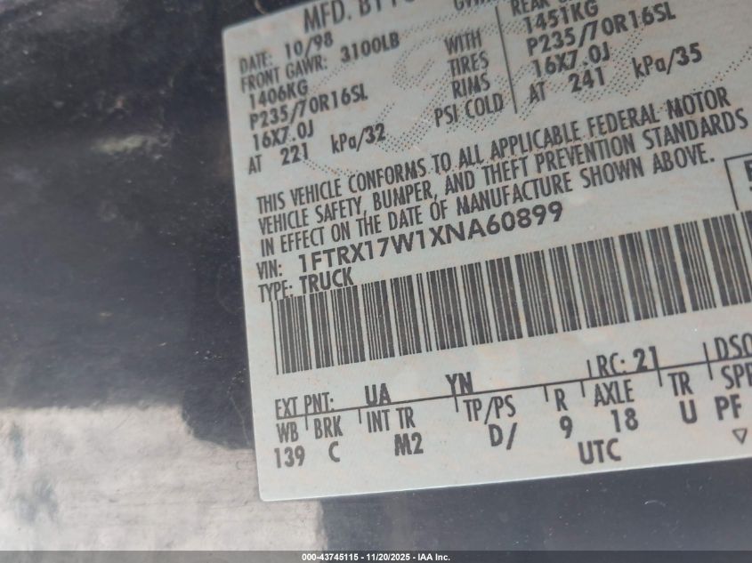 1999 Ford F-150 Lariat/Work Series/Xl/Xlt VIN: 1FTRX17W1XNA60899 Lot: 43745115