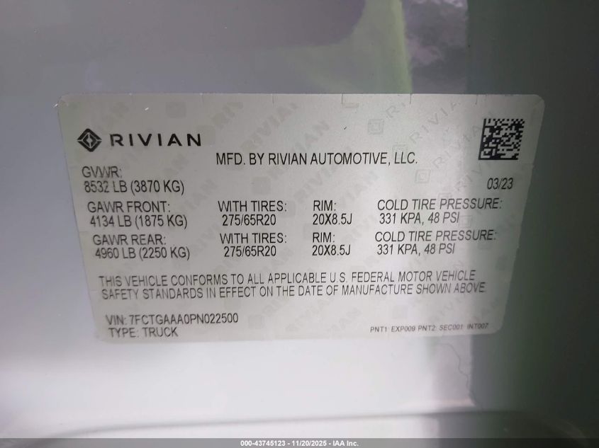2023 Rivian R1T Adventure Quad Motor Large Pack VIN: 7FCTGAAA0PN022500 Lot: 43745123