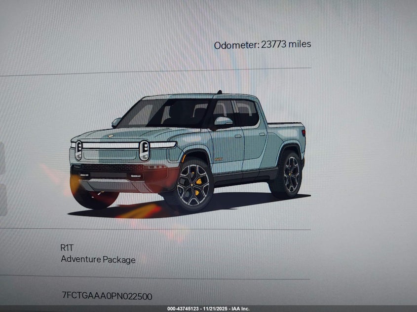 2023 Rivian R1T Adventure Quad Motor Large Pack VIN: 7FCTGAAA0PN022500 Lot: 43745123