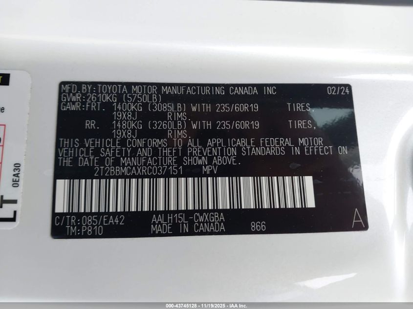 2024 Lexus Rx 350H Premium VIN: 2T2BBMCAXRC037151 Lot: 43745128