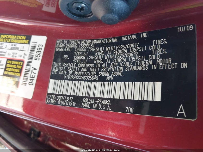 2010 Toyota Sienna Limited VIN: 5TDYK4CCXAS325649 Lot: 43745133