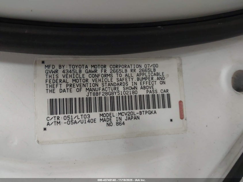 JT8BF28G8Y5102180 2000 LEXUS ES photo no. 9