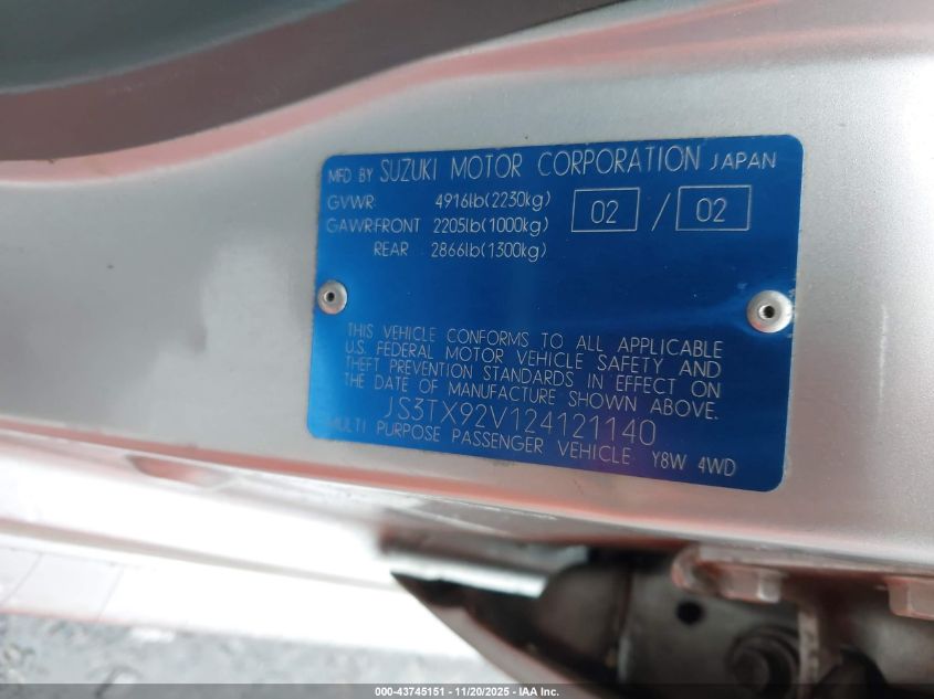 2002 Suzuki Xl-7 Limited/Plus/Standard/Touring VIN: JS3TX92V124121140 Lot: 43745151
