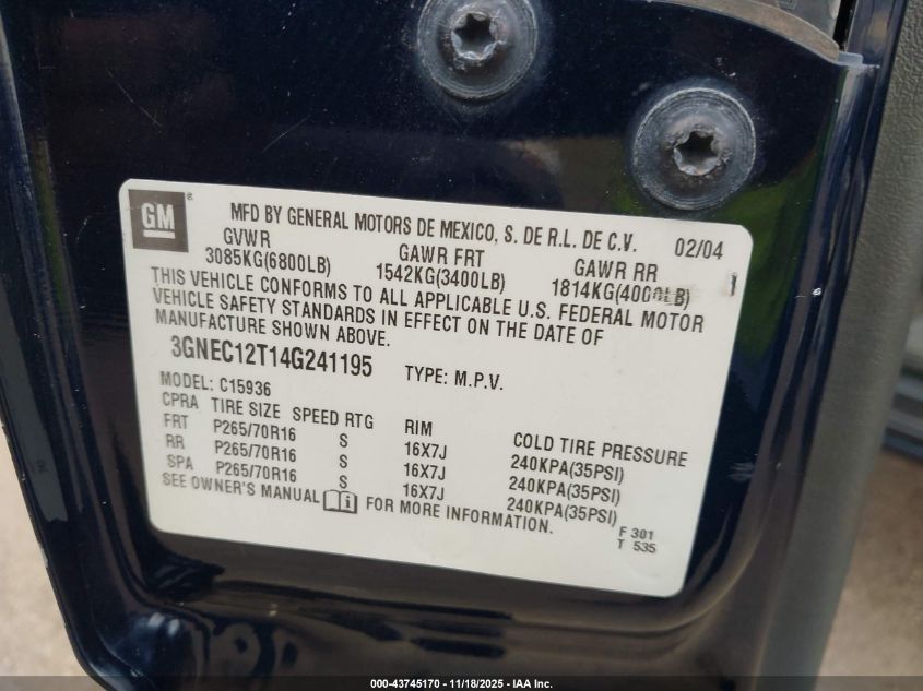 2004 Chevrolet Avalanche 1500 VIN: 3GNEC12T14G241195 Lot: 43745170