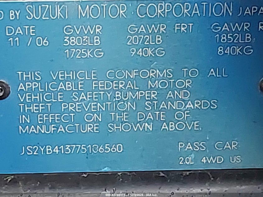 2007 Suzuki Sx4 Convenience/Rally VIN: JS2YB413775106560 Lot: 43745178