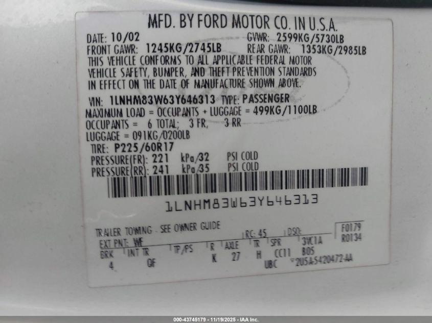 2003 Lincoln Town Car Cartier VIN: 1LNHM83W63Y646313 Lot: 43745179