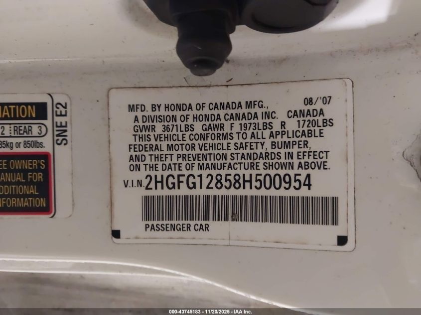 2008 Honda Civic Ex VIN: 2HGFG12858H500954 Lot: 43745183