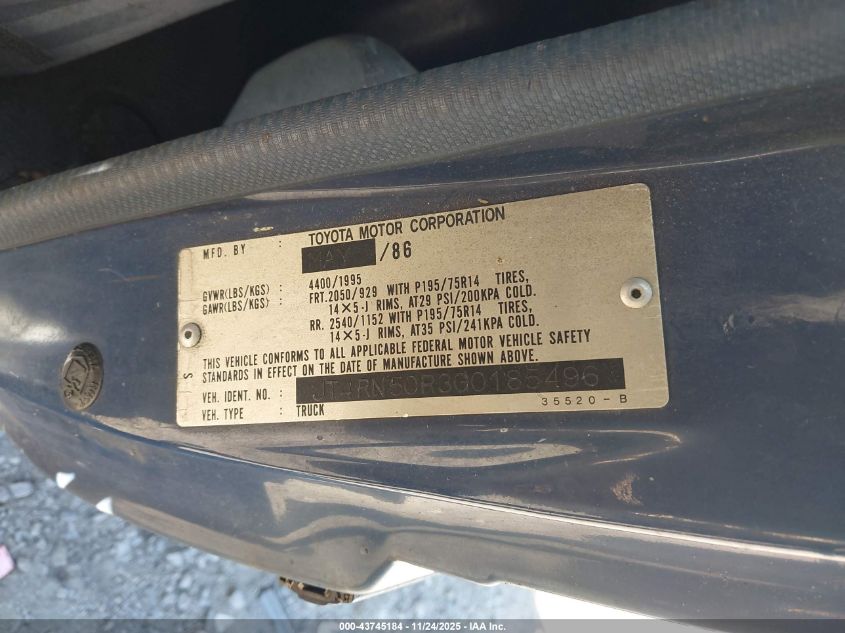 1986 Toyota Pickup 1/2 Ton Rn50 VIN: JT4RN50R3G0185496 Lot: 43745184