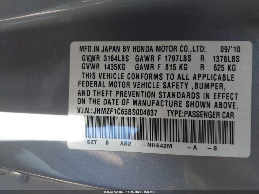 2011 Honda Cr-Z Ex VIN: JHMZF1C65BS004837 Lot: 43745189